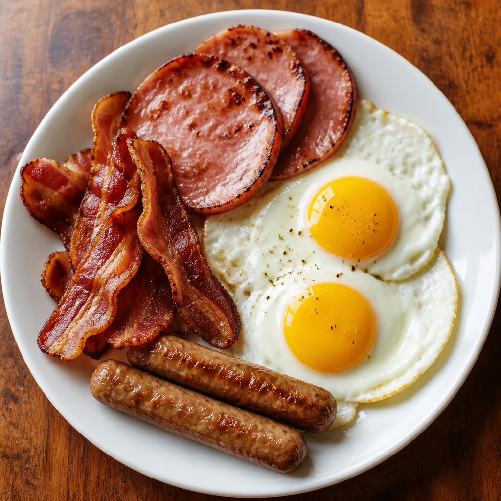 Two Eggs + Ham, Bacon or Sausage